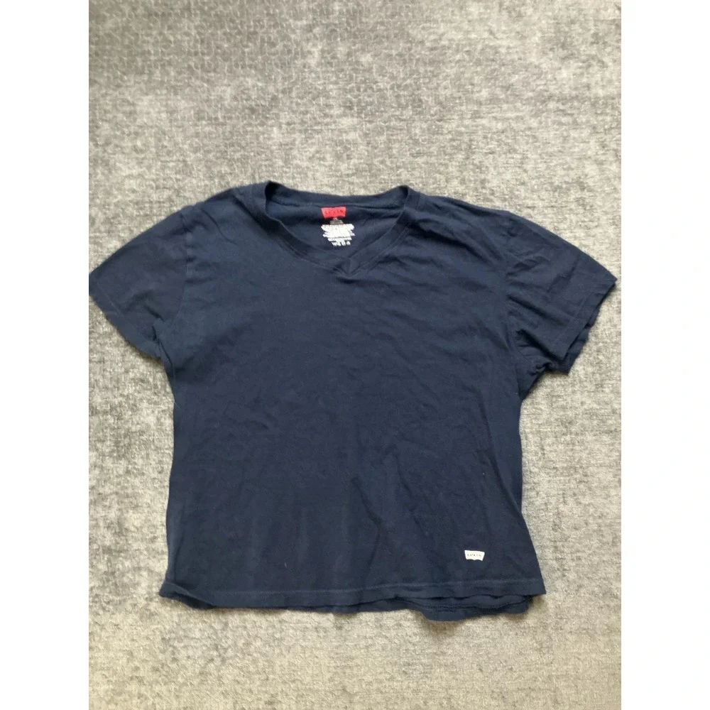Levi's T-Shirt Mens Medium Navy Blue Knit Cotton Casual Classic Housemark V-Neck